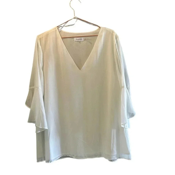Calvin Klein Women's White Bell Sleeve‎ V-Neck Chiffon Blouse Top Size XL - Picture 1 of 5